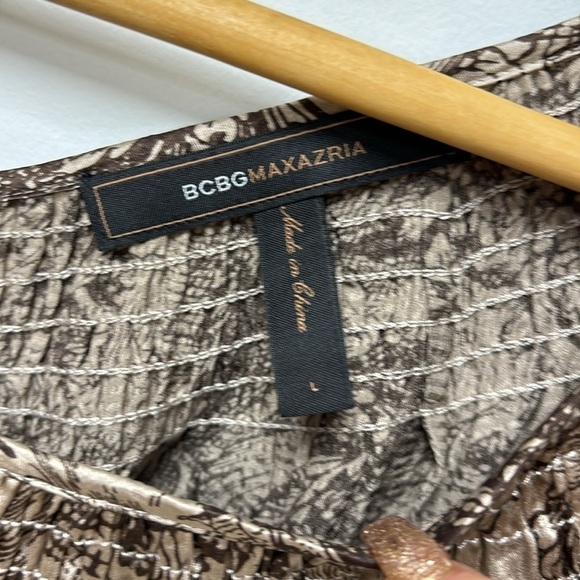 BCBG Max Azria Brown Beige L Baroque Print Long Sleeve Open Back Silk Blouse - Picture 5 of 12